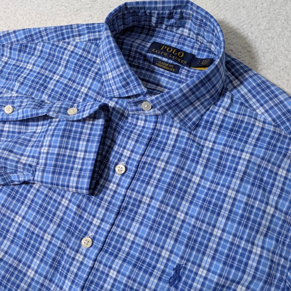 Polo‎ Ralph Lauren Button Down Mens Sm Blue Plaid Stretch L/S Performance Shirt